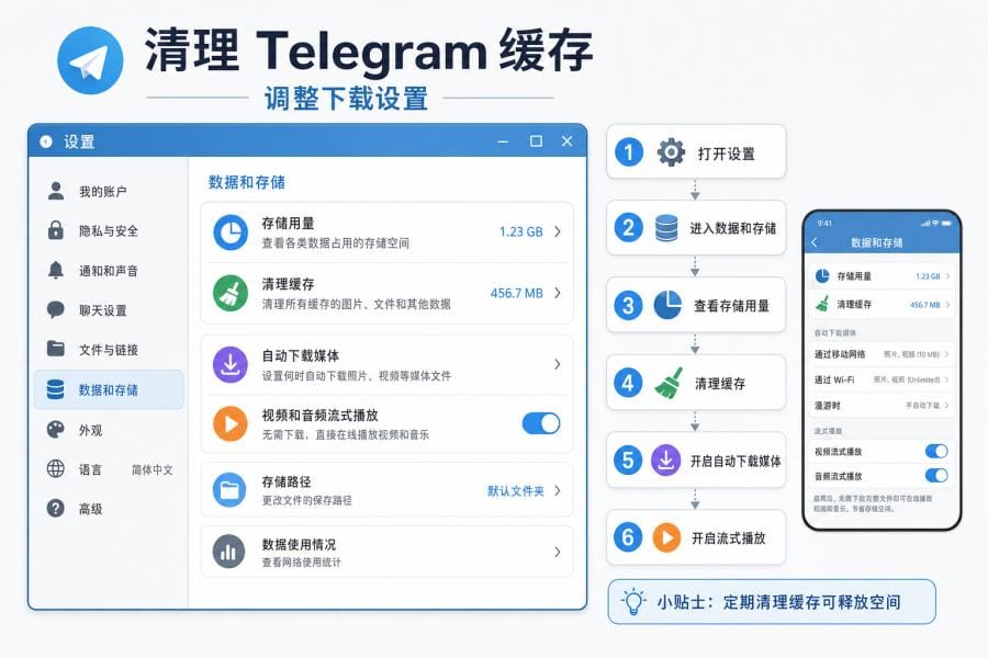 清理 Telegram 缓存和调整下载设置